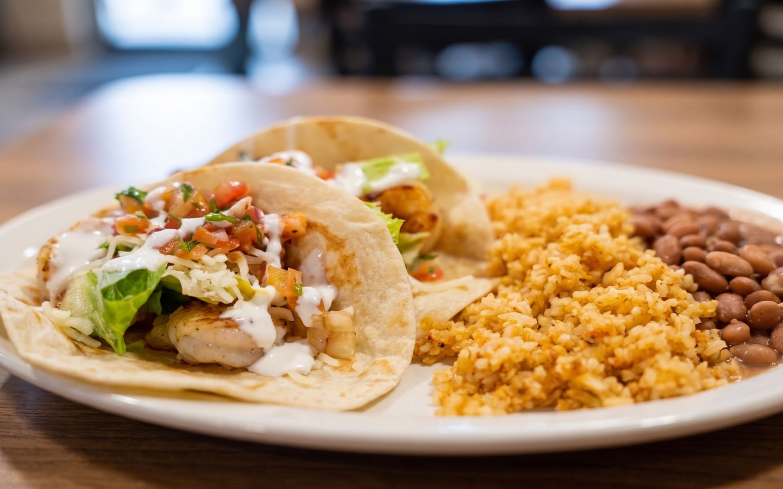 Three shrimp tacos with pico de gallo and crema, Mexican rice and pinto beans