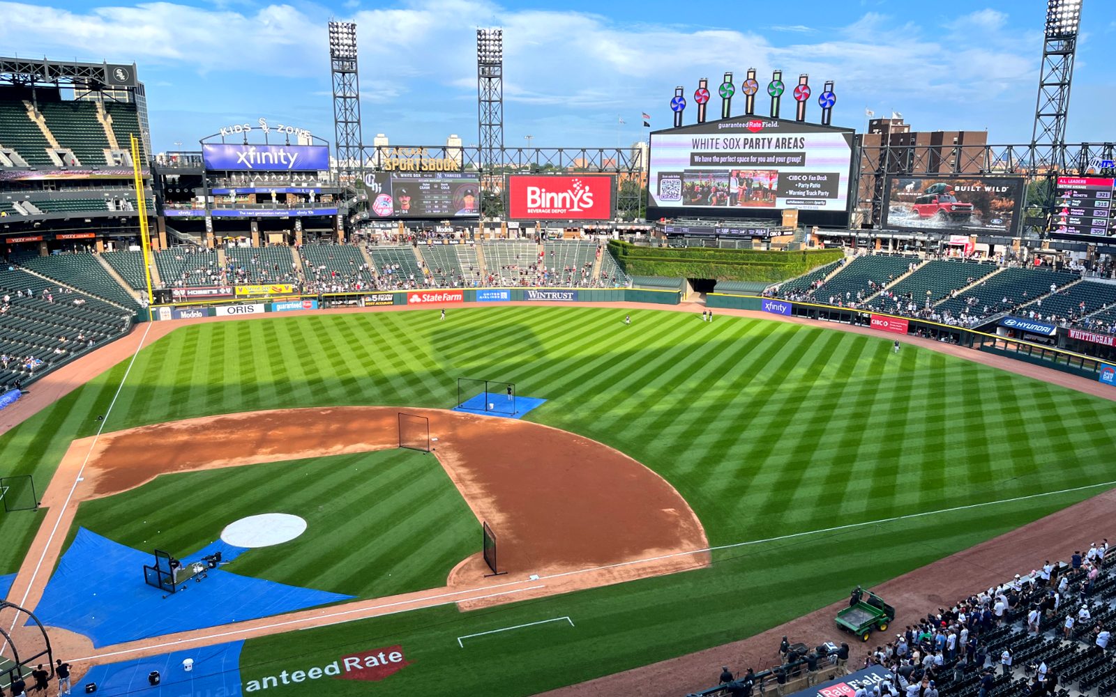 The field and scoreboard at Rate Field, home of the Chicago White Sox