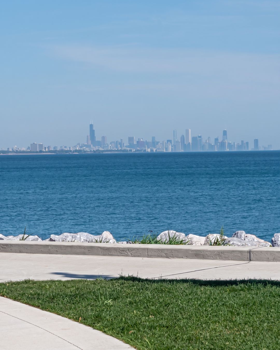 The Chicago skyline seen across Lake Michigan from the Whiting lakefront