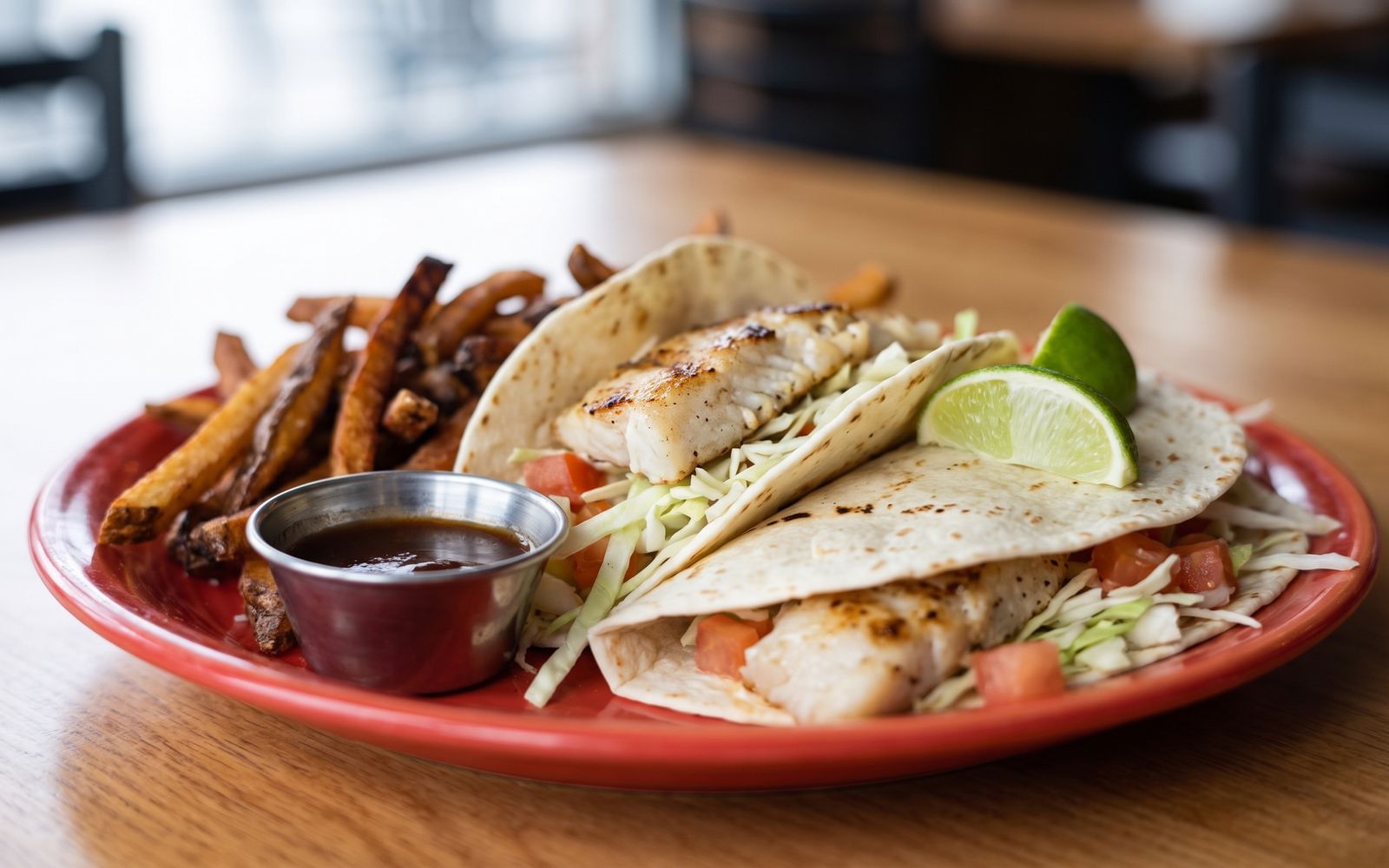 Fish tacos with fries and dipping sauce at Winey Beach Cafe