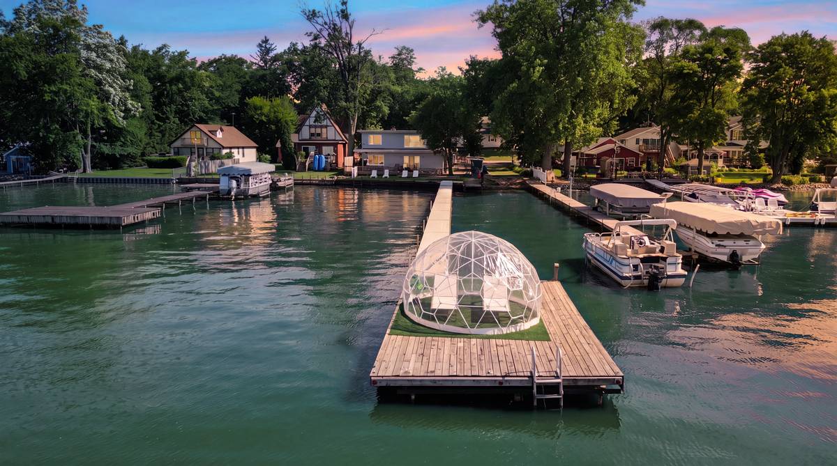 The pier and star-gazing dome at twilight on Cedar Lake