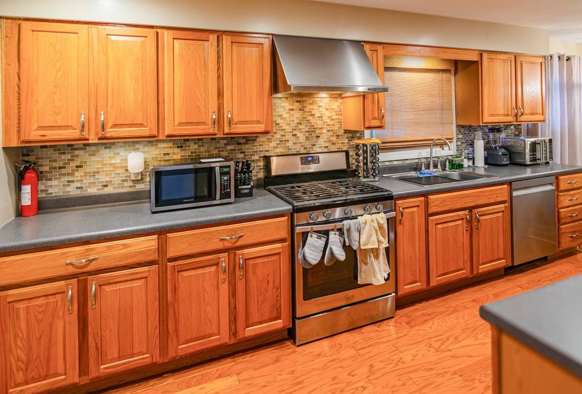 Full kitchen with gas range, dishwasher and plenty of counter space