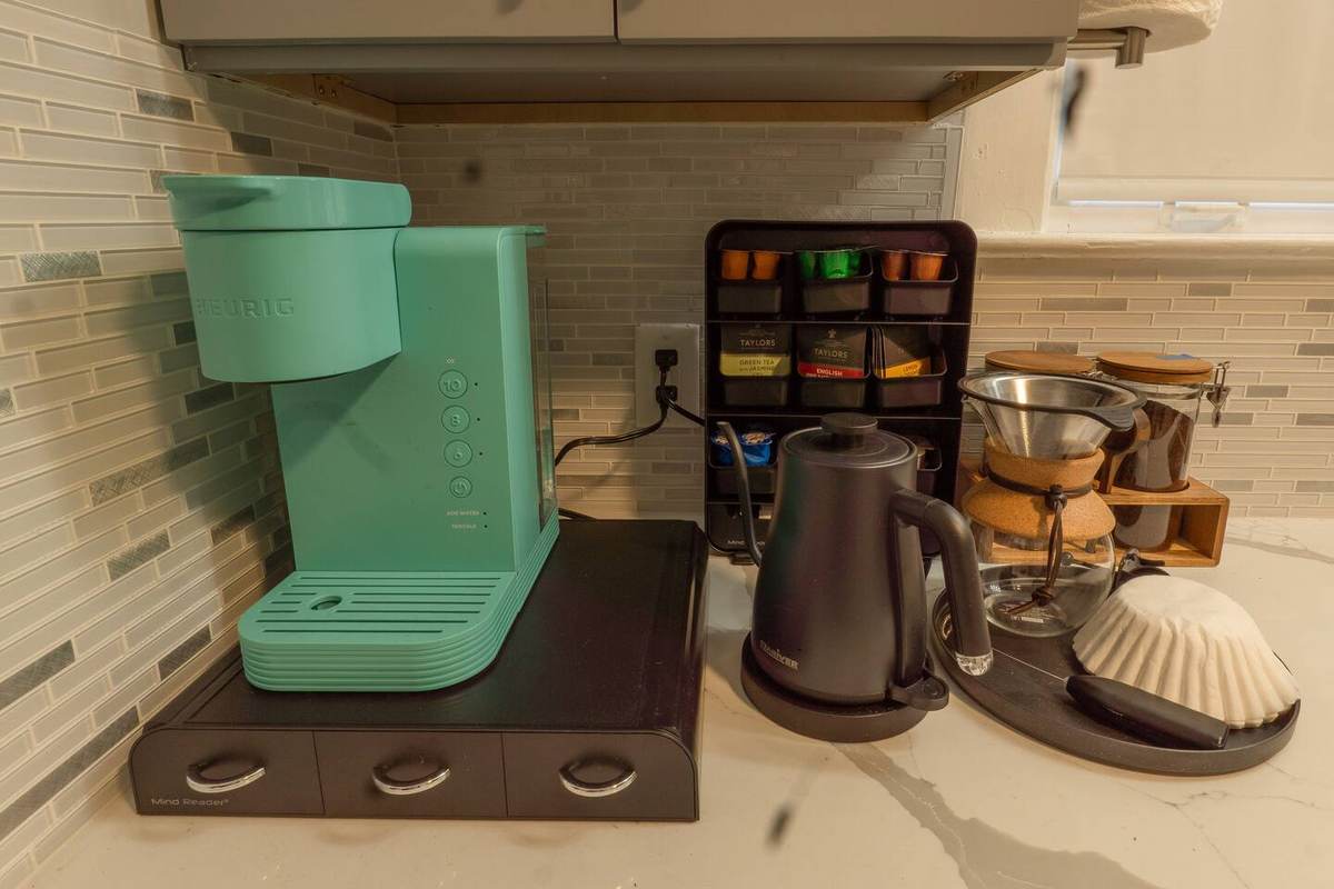The coffee nook — Keurig, pour-over, and electric kettle